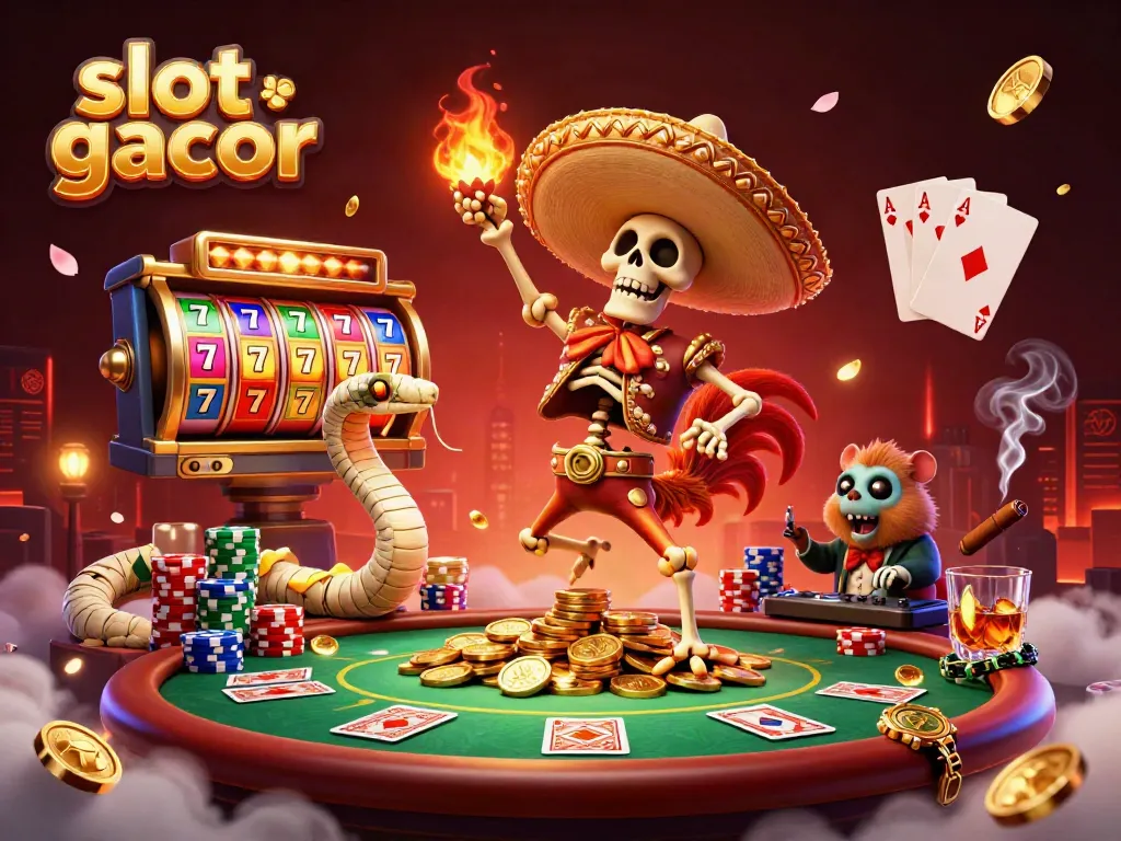 Engaging digital art featuring slot gacor theme with a mariachi rooster, mummy snake, and DJ hamster amidst casino elements.