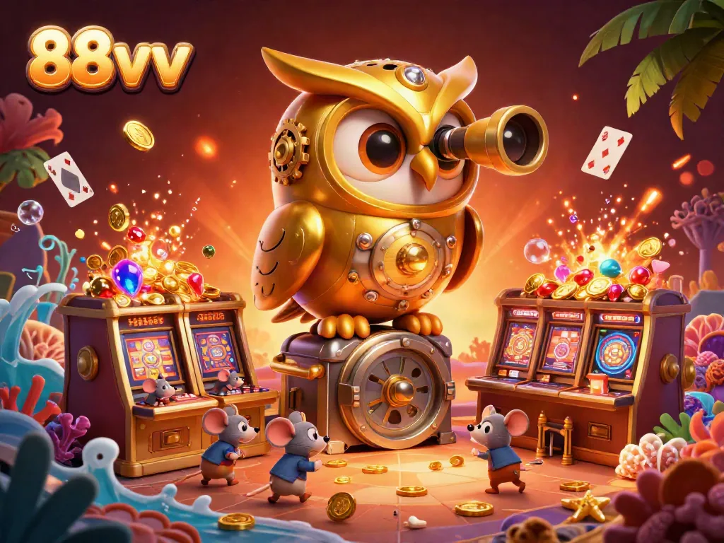 Engage in thrilling gaming scenarios with 88vv where a golden owl oversees a vibrant casino scene filled with gold coins and cherished treasures.
