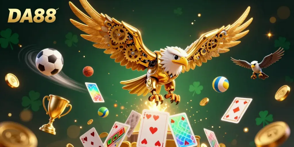 Engage in thrilling betting action with DA88 in a vibrant 3D gaming scene featuring a dynamic golden eagle.