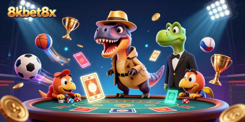 Engage in exciting gameplay at 8xbet8x, featuring a cartoon velociraptor at a blackjack table with dynamic sports elements.
