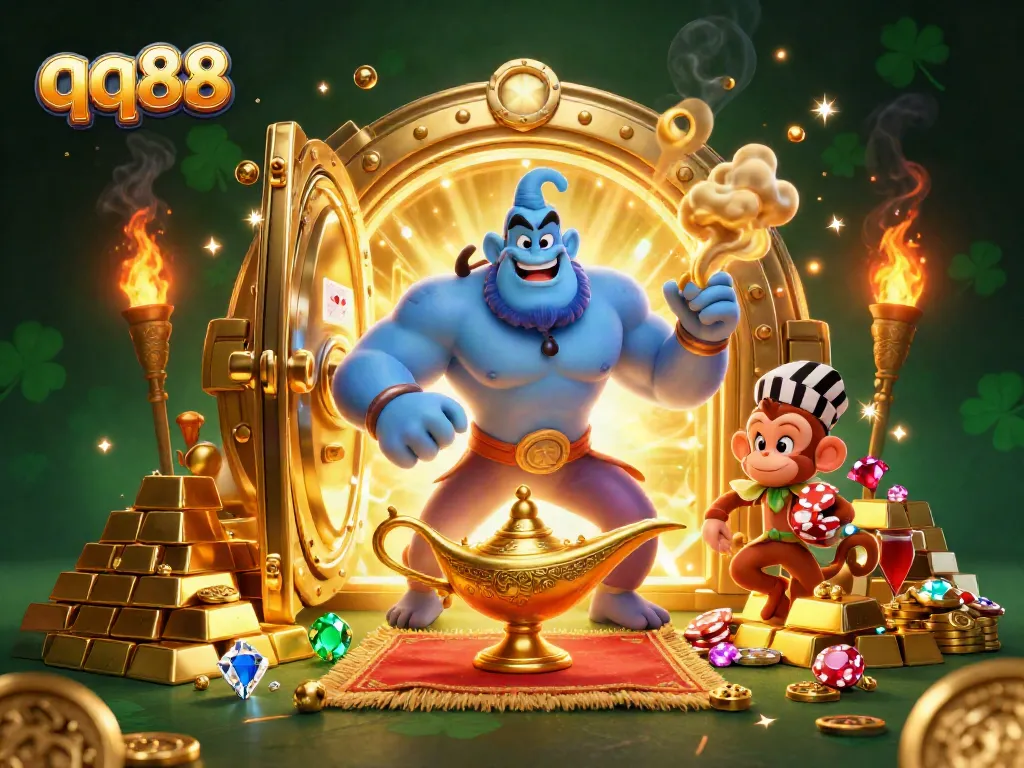 Spin the reels at qq88 Casino with a magical genie in a vibrant 3D scene filled with treasures and excitement.