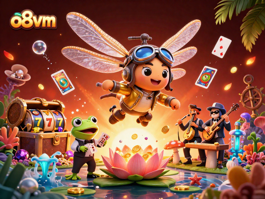 Join the action at o8vm with a dynamic 3D casino scene featuring a dragonfly pilot, frog croupier, and jazzy musicians.