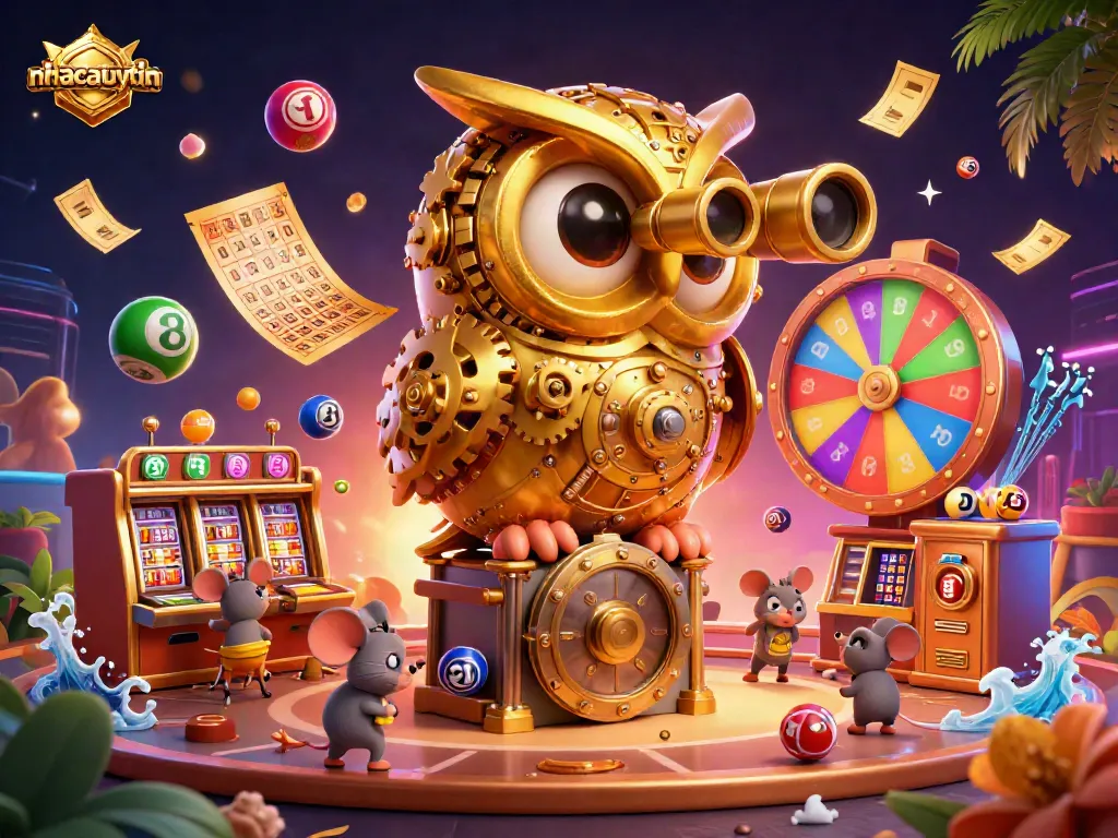 Engage in vibrant casino excitement with nhacaiuytin, featuring a whimsical owl and dynamic game elements.