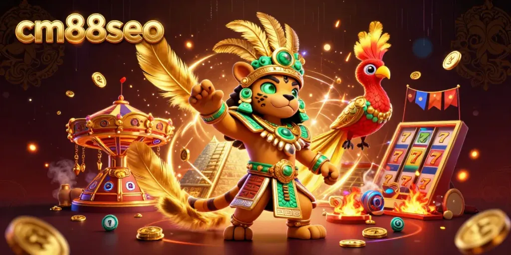 Experience the excitement of cm88seo with a vibrant casino scene featuring Mayan characters and golden jackpots.