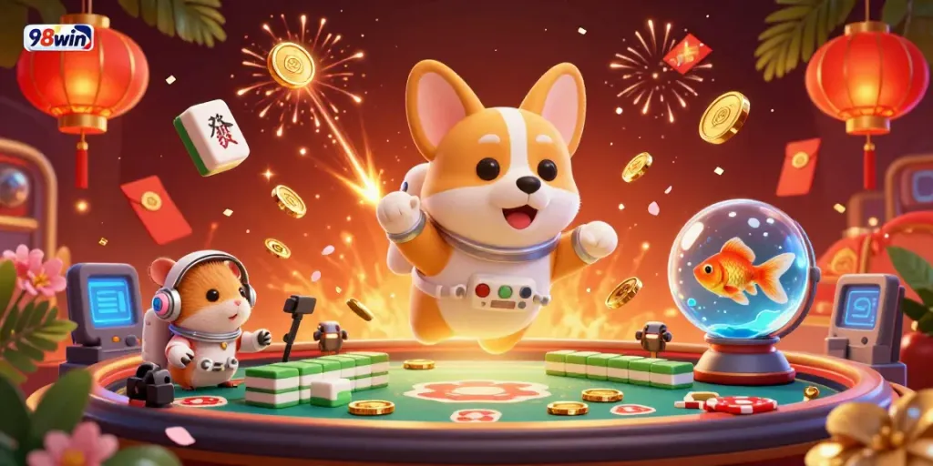 Engage in thrilling gameplay with 98win's immersive space casino featuring a cartoon astronaut corgi in an exciting zero-gravity scene.