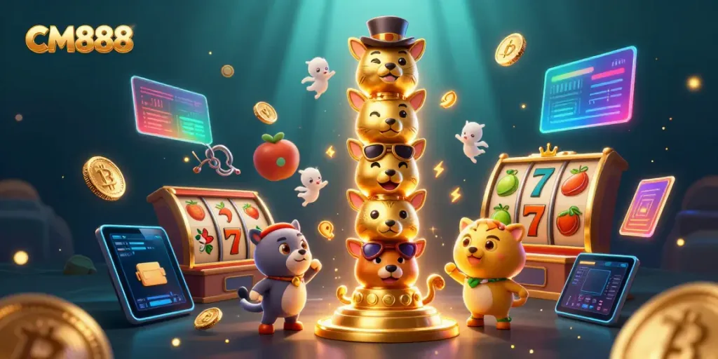 Engage with CM888's dynamic casino experience featuring rich slot game visuals and vibrant 3D illustrations.