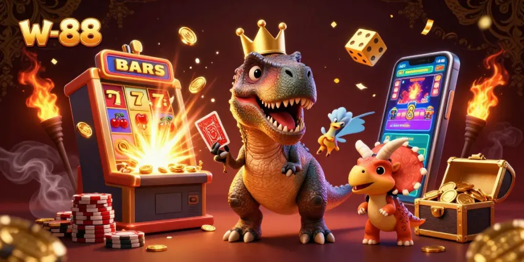 Experience w-88's vibrant casino adventure with a T-Rex, pterodactyl, and triceratops in action-packed fun.
