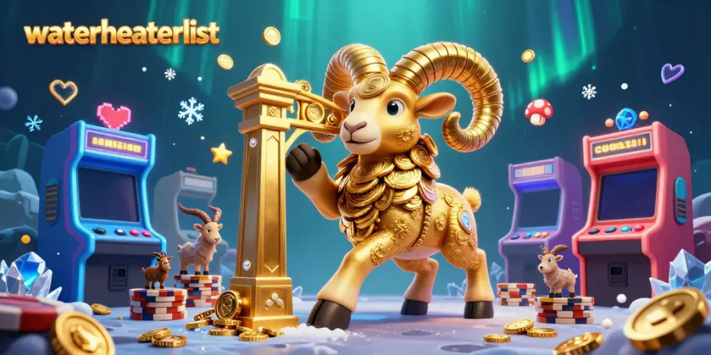 Engage in an exciting gambling experience with waterheaterlist's animated casino scene featuring a golden ram and vibrant game machines.