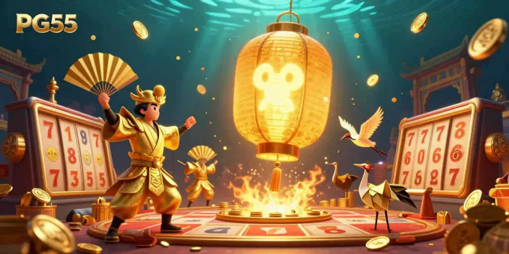 Experience the magic of PG55 with a vibrant casino scene featuring a glowing lantern spirit and paper fan warriors.