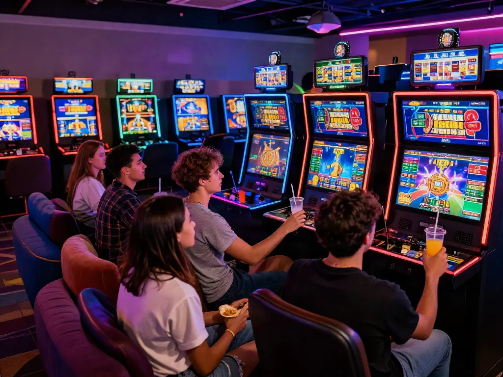 Friends enjoying luxury12 slot games in a vibrant gaming lounge.