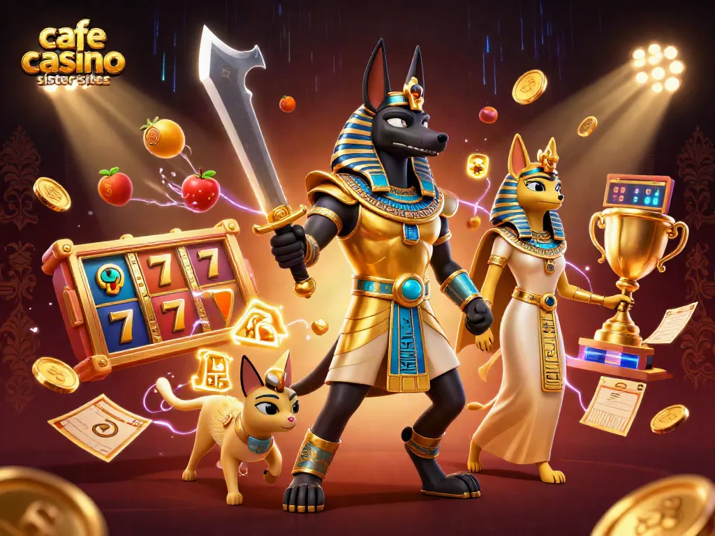 Excite your gameplay with cafe casino sister sites featuring vibrant slot reels and an Anubis warrior.