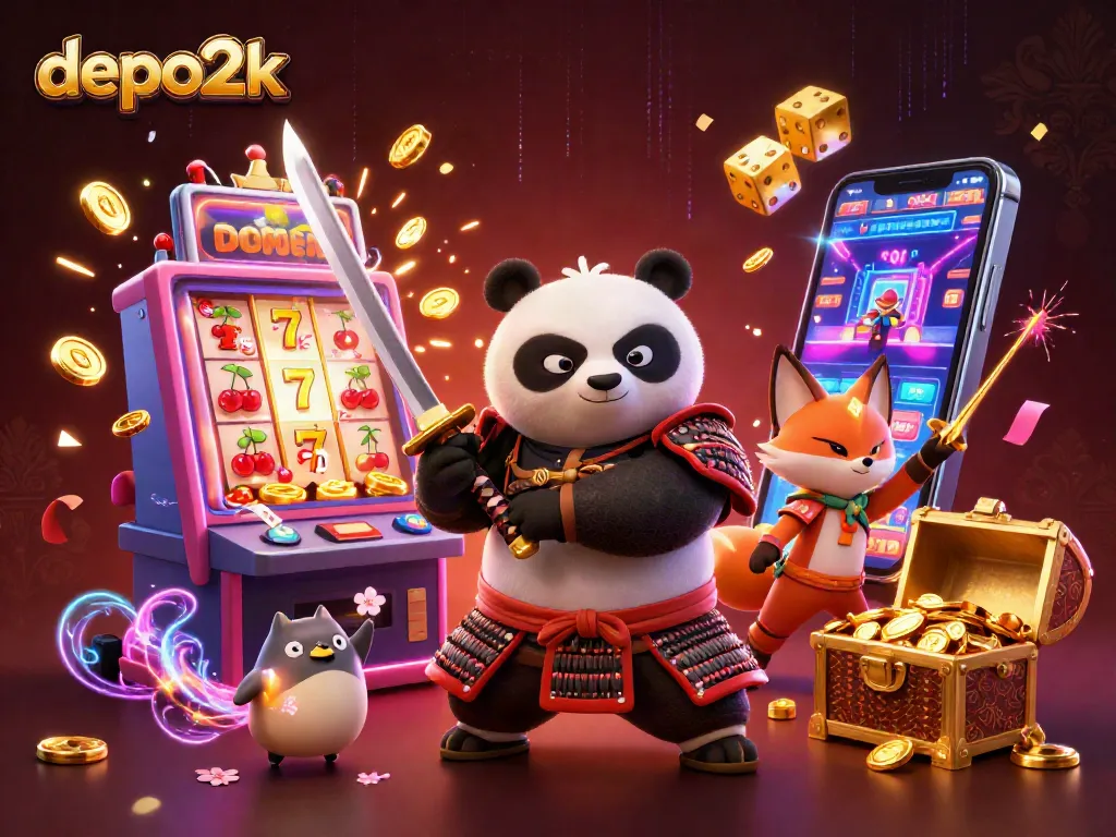 Experience the thrill of playing slots with depo2k, featuring vibrant characters and rich casino visuals.