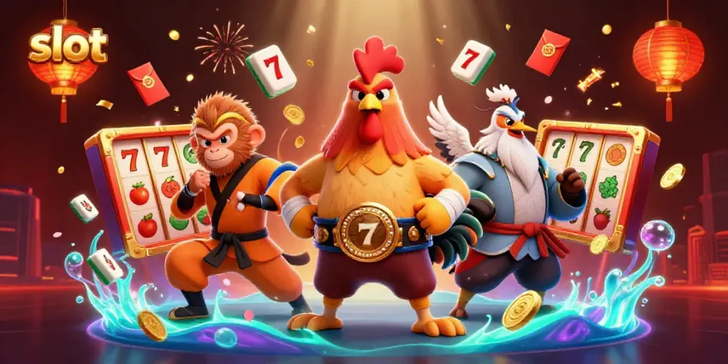 Menyaksikan permainan slot dengan karakter ayam Muay Thai dan petarung monyet beraksi