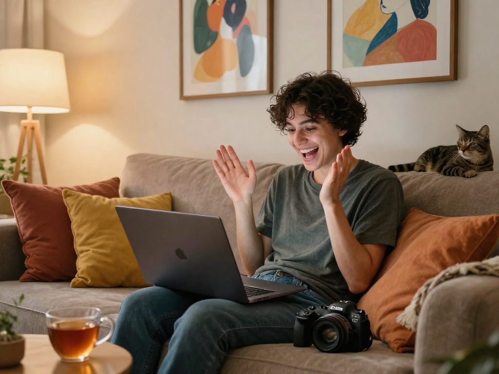 Engaging ai chat porn session in cozy home setting with plush decor and warm lighting.