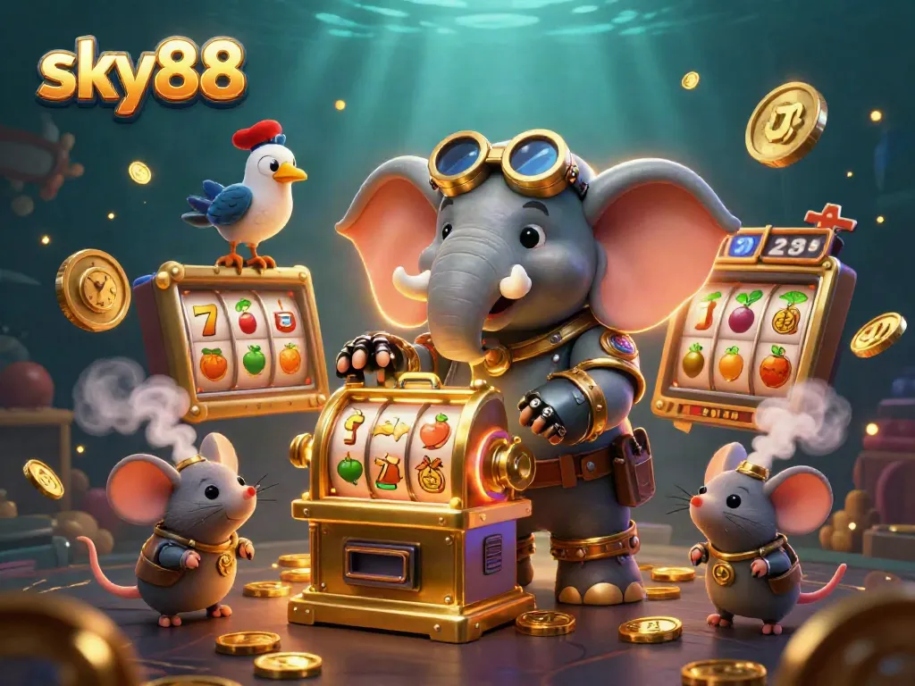 A 3D cartoon elephant engineer operating a golden slot machine brings excitement to sky88 gaming.