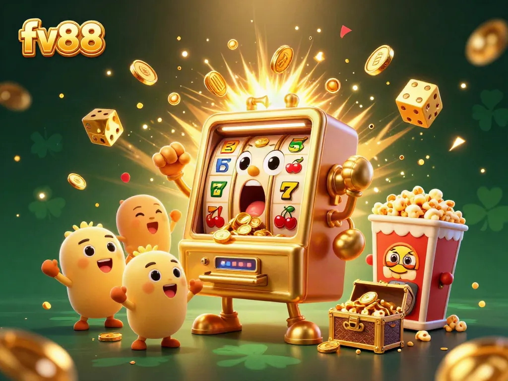 Experience excitement with fv88 as a golden slot machine celebrates its jackpot victory amidst a vibrant casino scene.