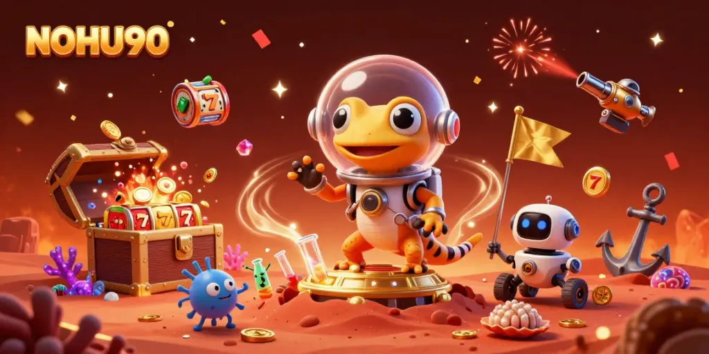 NOHU90 presents a vibrant Martian casino adventure with a gecko, rover, and colorful gems.