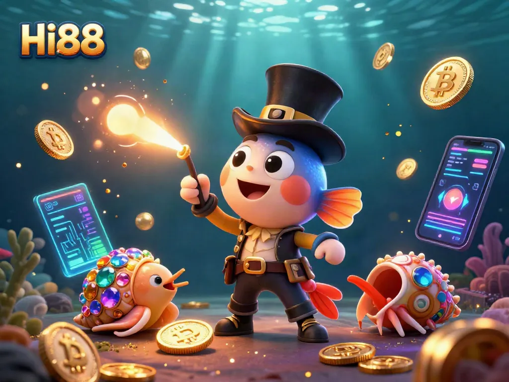Engage with Hi88's dazzling underwater casino scene featuring glowing coins and vibrant marine characters.