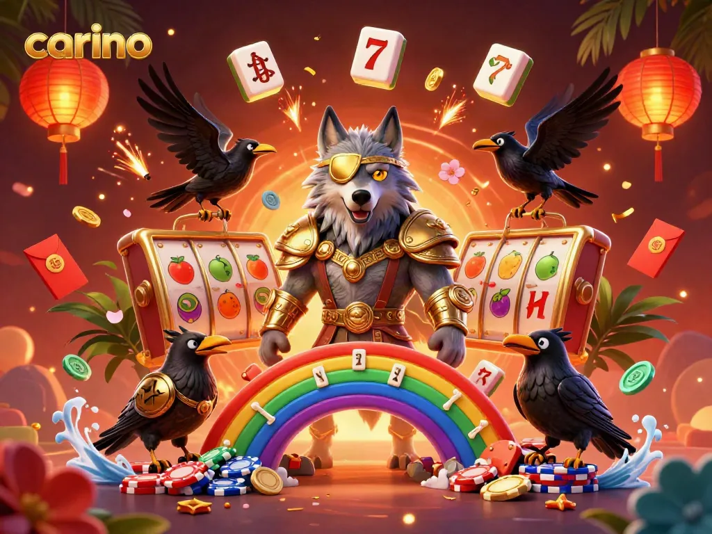 Interact with vibrant 3D carino scene featuring Odin wolf and slot reels amidst casino elements.
