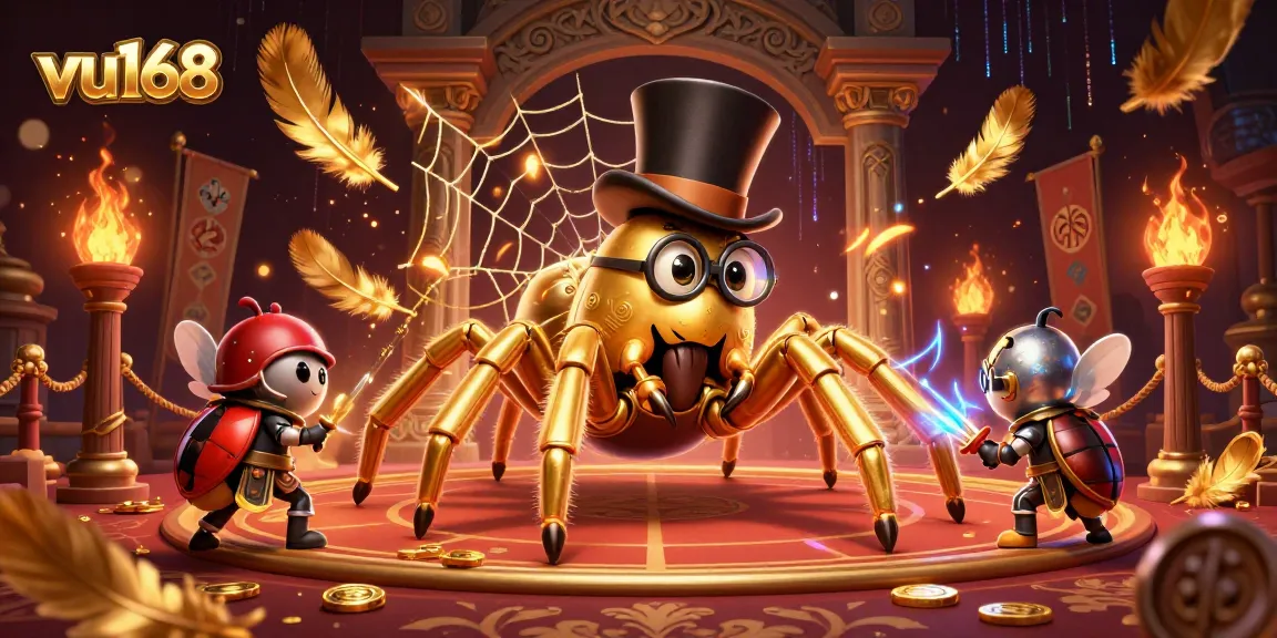 Experience the thrilling gameplay at vu168 with a giant spider and a brave beetle knight in a vibrant casino setting.