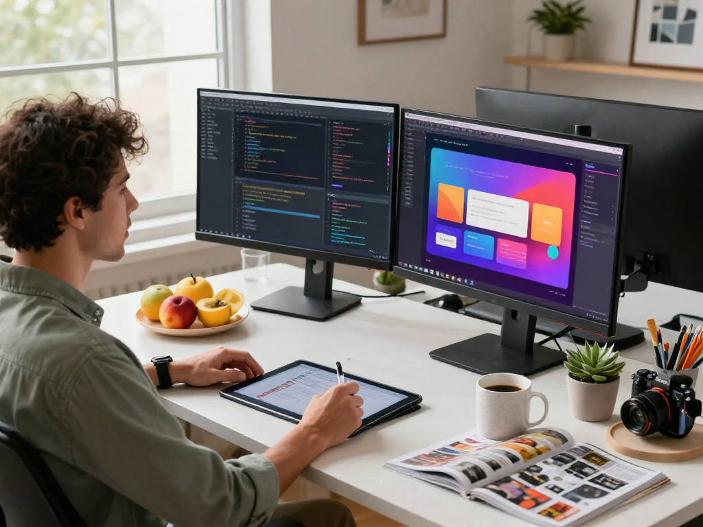 Creative tech workspace with an artist designing spicy ai application interfaces, colorful monitors, and natural light.