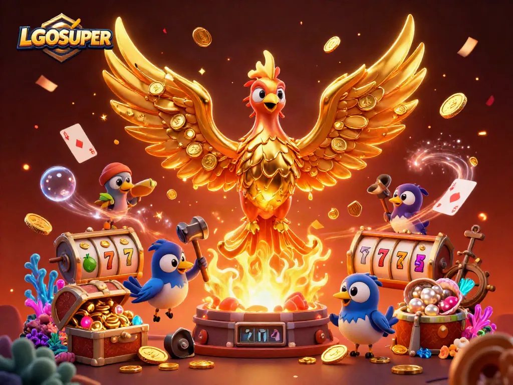 Engage with LGOSUPER's golden phoenix rising from molten gold in a dynamic casino-themed scene.