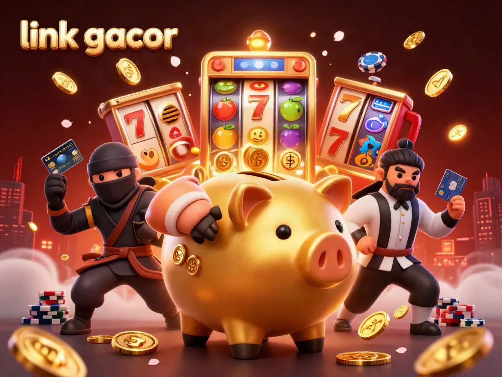 Experience the thrill of link gacor in this dynamic casino scene with vibrant slot reels and colorful characters.