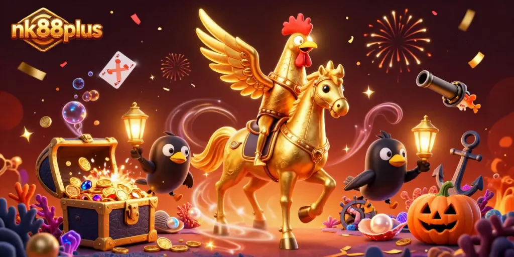 Engage with nk88plus in a vibrant casino scene featuring golden rooster and crow companions.