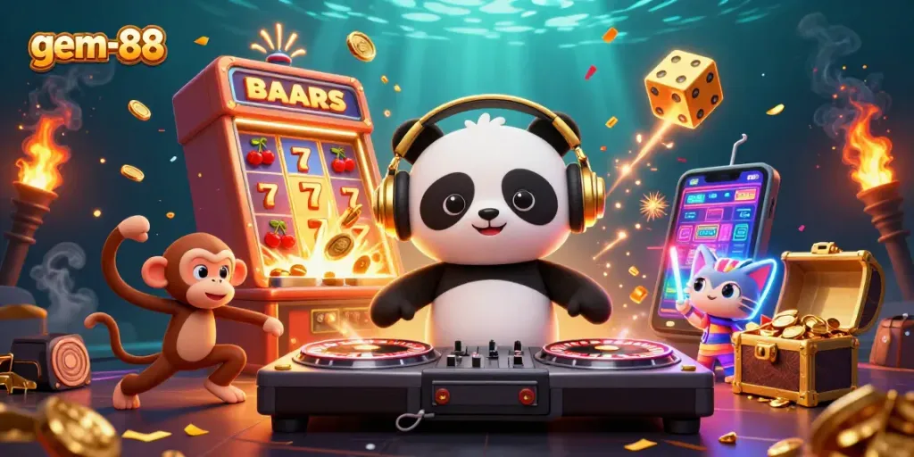 Spin the reels at gem-88 with a DJ panda and lively characters amidst jackpot excitement.