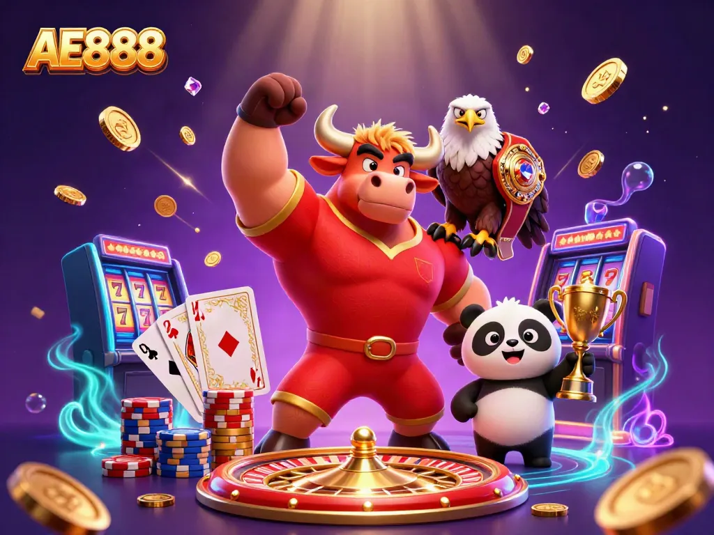 Experience the excitement of AE888 with a vibrant casino illustration featuring a dynamic trio of mascots.