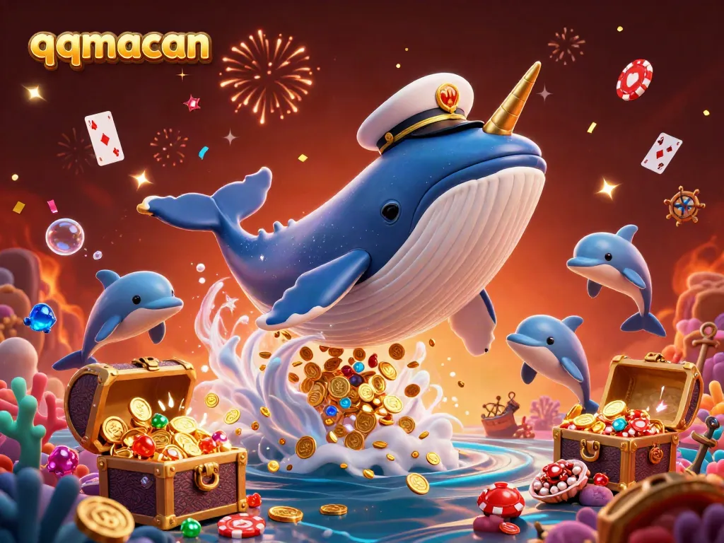Experience thrilling gaming with qqmacan as a cartoon whale captains a sea of wealth, surrounded by playful aquatic characters.