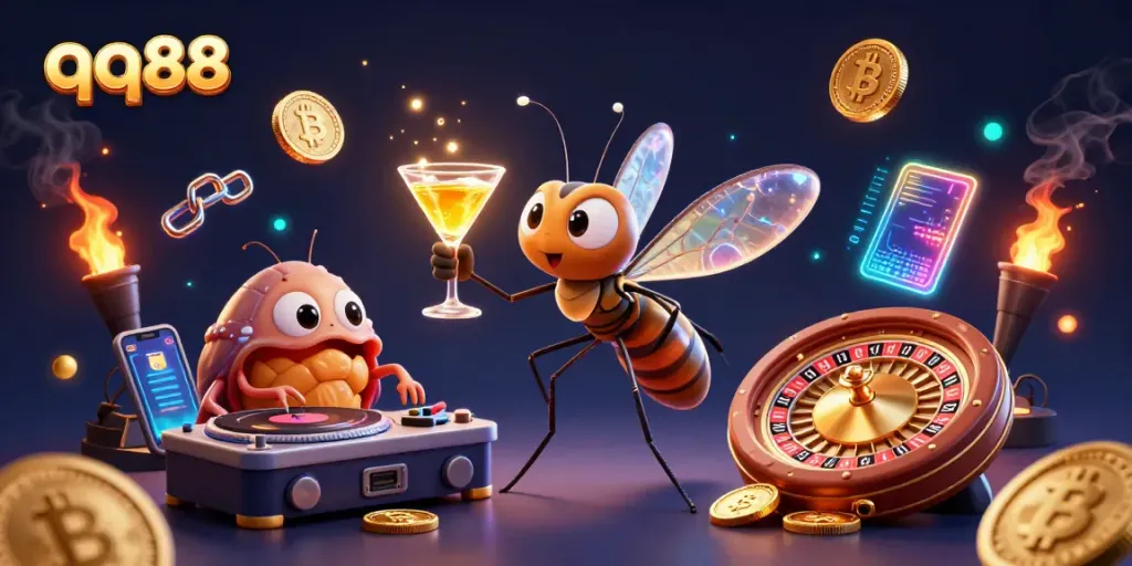 Engage with qq88's vibrant casino scene featuring dynamic characters and glowing game elements.