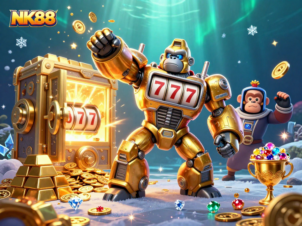 Navigating thrilling jackpots at NK88, featuring a golden gorilla mech bursting with coins and treasures.