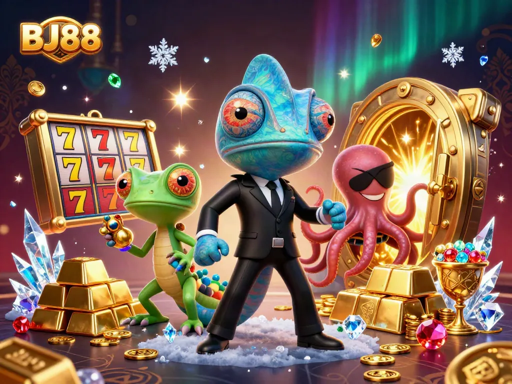 Experience thrilling slot action at BJ88 with vivid chameleon and tech-savvy gecko in a vibrant casino.