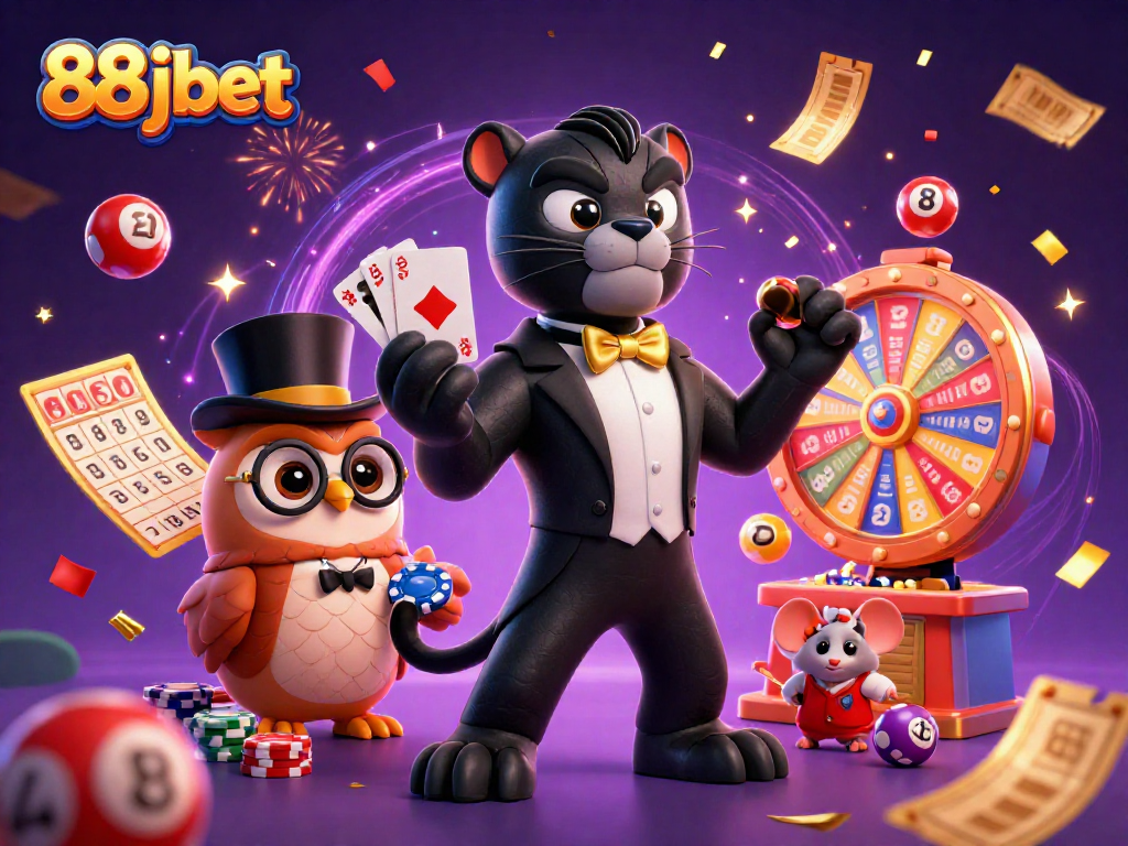 Join the fun at 88jbet with colorful lottery balls, charming characters, and vibrant casino elements.