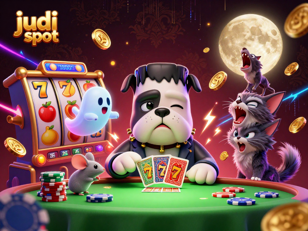 Menggambar aksi judi slot di GACOR123 dengan karakter menarik dan simbol keberuntungan.