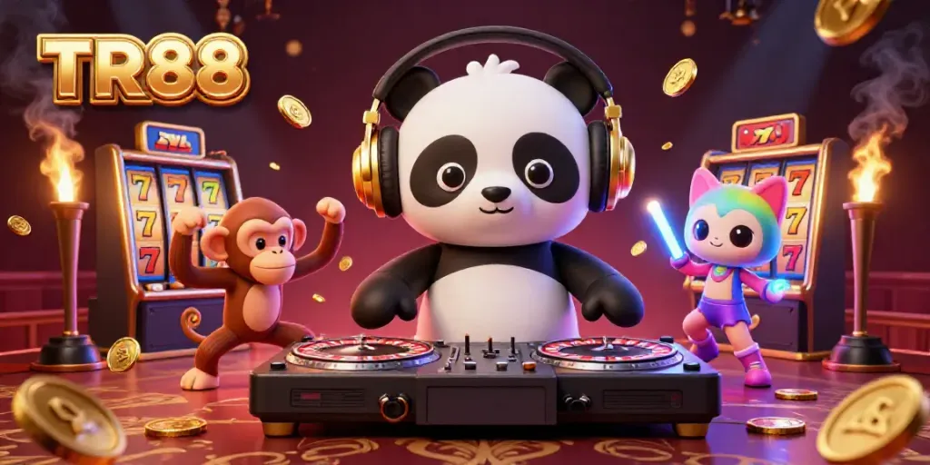 Experience the thrilling atmosphere of TR88 with a DJ panda, breakdancing monkey, and rave kitten in a lively casino scene.