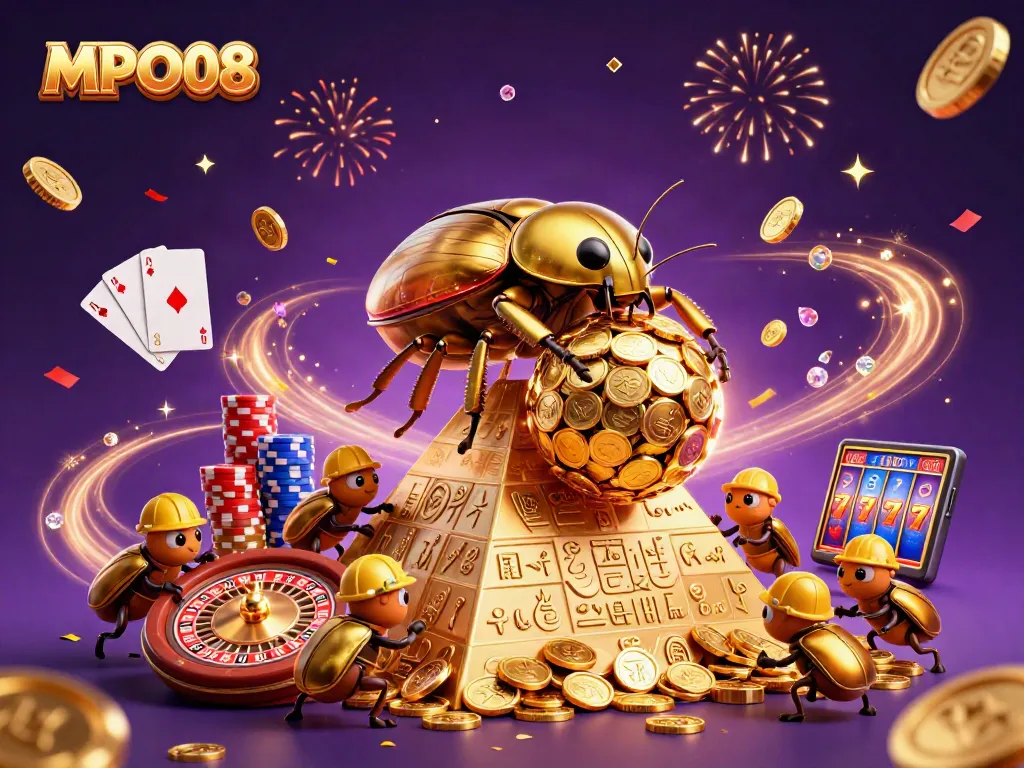MPO08 showcases a vibrant 3D scene of golden beetles celebrating casino winnings amid cascading coins and gems.
