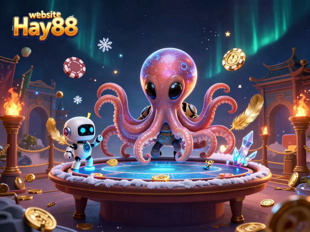 Engage in thrilling gameplay at the website Hay88 with an alien octopus mastering poker in a vibrant casino scene.