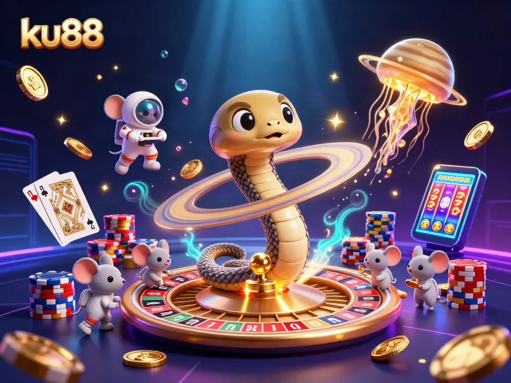ku88 spins to victory with cosmic casino elements in a vivid 3D gaming illustration.