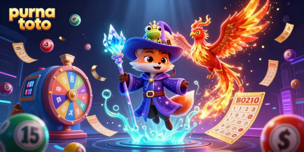 Visualisasi purna toto menyajikan slot gacor dengan elemen magis, bola lotre, dan efek pesta uang.