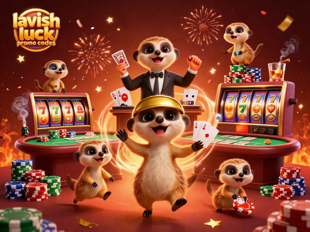 Claim enticing bonuses with Lavish Luck promo codes at a vibrant meerkat casino scene.