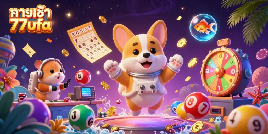 Experience adventure at ทางเข้า 77ufa with a floating corgi and vibrant casino elements.