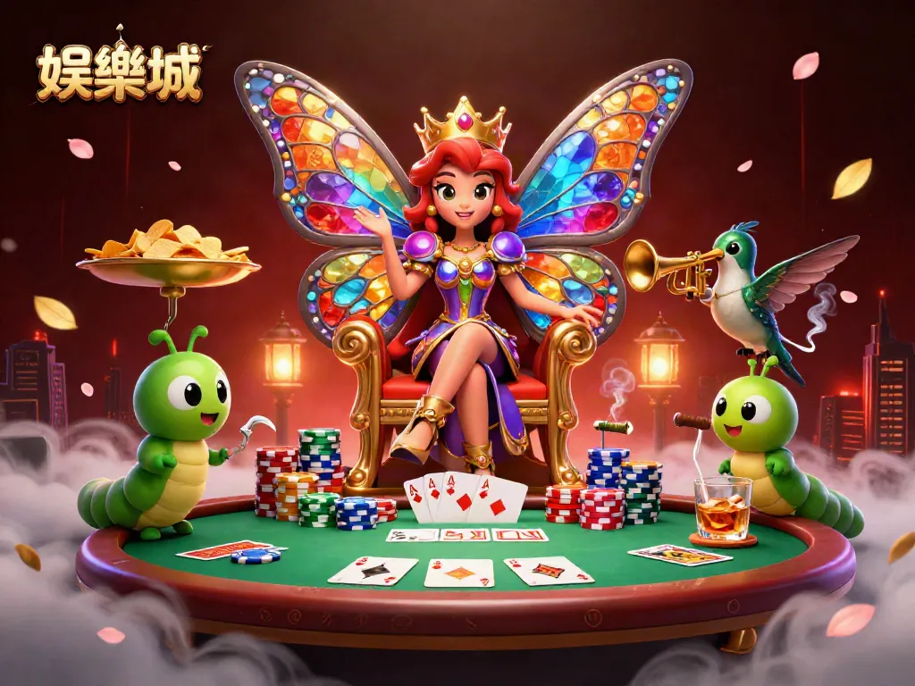在娱乐场中，3D 卡通蝴蝶女王坐在花朵王座上，周围有扑克牌桌和丰富的筹码，展现出绚烂的赌博场景