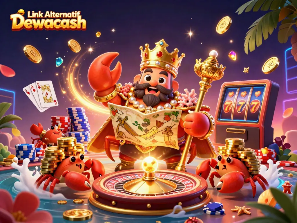 Experience dynamic gaming action with Link Alternatif Dewacash featuring a grand crab emperor amidst golden treasures and casino elements.
