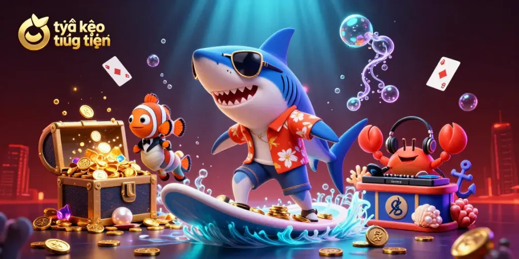 Bet successfully with tỷ lệ kèo trực tuyến while engaging in exciting gambling activities illustrated with vibrant underwater characters.