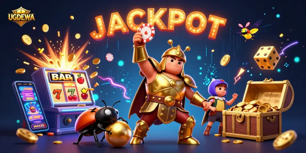 Win big with UGDEWA while the hercules beetle defeats the odds in an exciting jackpot scene.