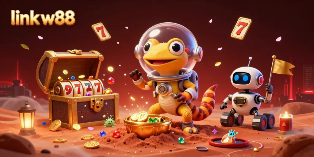 Engage with link w88 for thrilling casino adventures, featuring Martian gecko and slot reels in vibrant 3D.