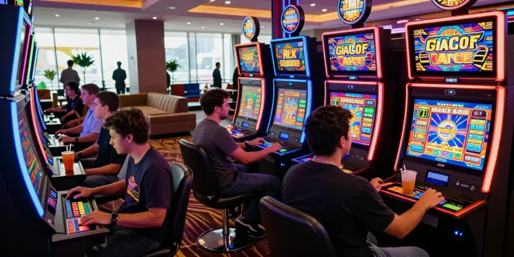 Players enjoying slot gacor games in a vibrant casino setting with dynamic lighting.