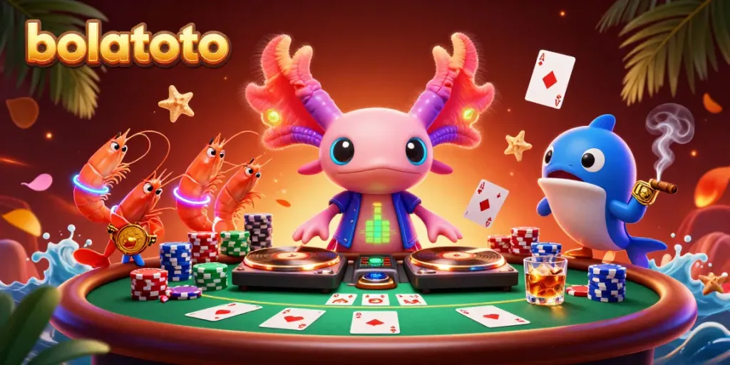 Experience the excitement of bolatoto with a vibrant 3D scene featuring a neon axolotl DJ and poker elements.